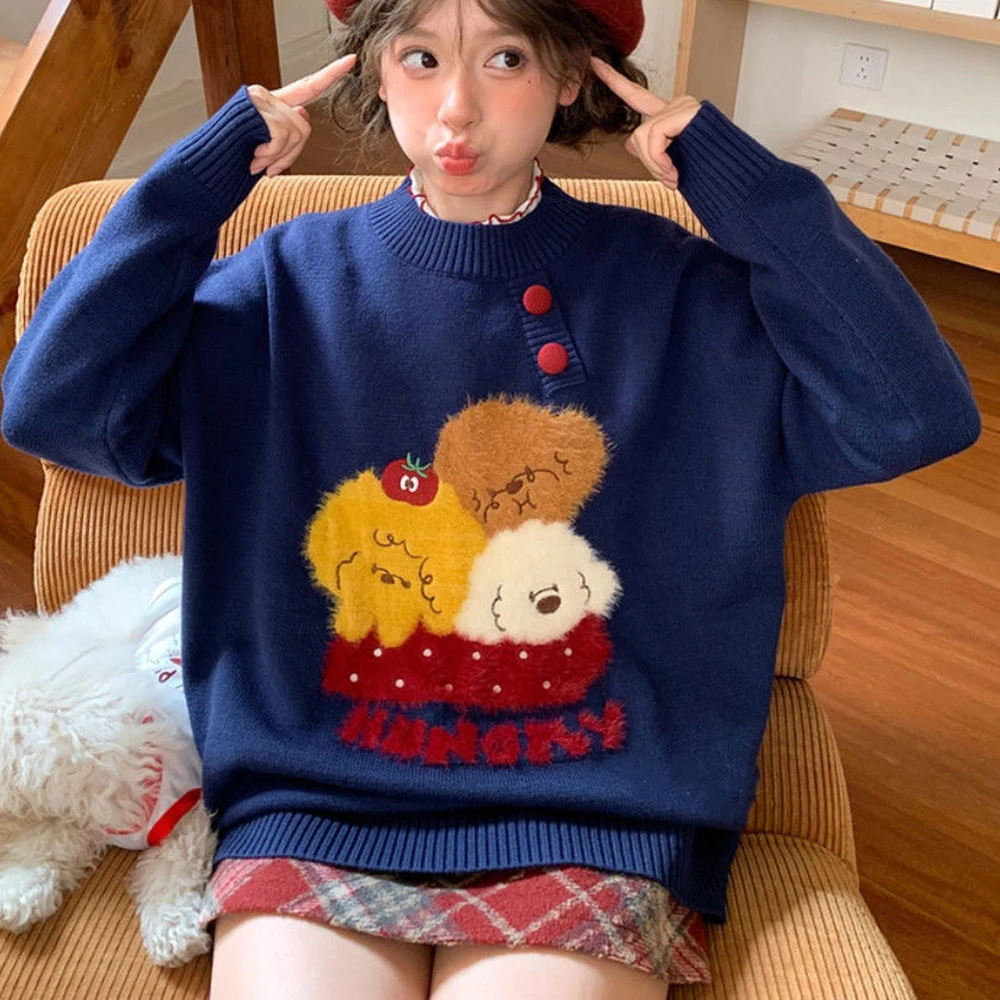 

Cute puppy embroidered long sleeve sweater for women 2025 new autumn versatile loose top button design