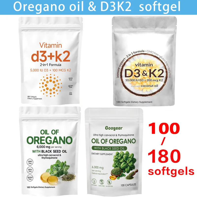 2 in 1 Oil of Oregano Softgels with Black Seed Oil Vitamin D3+K2 Softgels Coconut Oil Enhancing Immunity