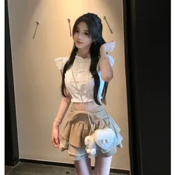 Sweet New Chinese Flying Sleeves Shirt Cake Skirt Two Piece Set Women Ruffled Collar Bow Splice College Fashion Slim Summer Suit