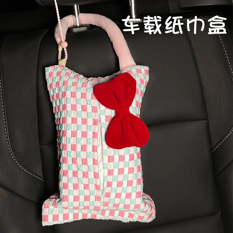 

Pink Plaid Fabric Tissue Box Portable Hanging Tissue Case Living Room Container Home Car Towel Napkin Papers Bag Home Decoration