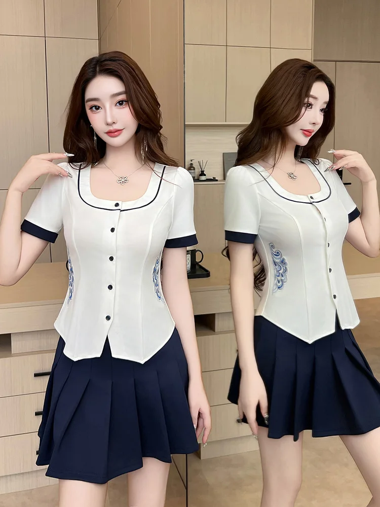 

Women's Spa Foot Bath Techan orm ort Sve round Ne Printed Slim Fit Polyester Fiber Workwear Skirt Set