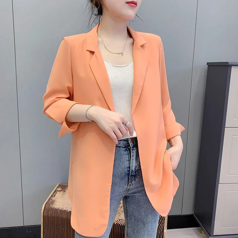 Chiffon Small Suit Women\'s 2023 Spring Summer New Korean Version Thin Loose Mid Length Coat 3/4 Sleeve Cardigan