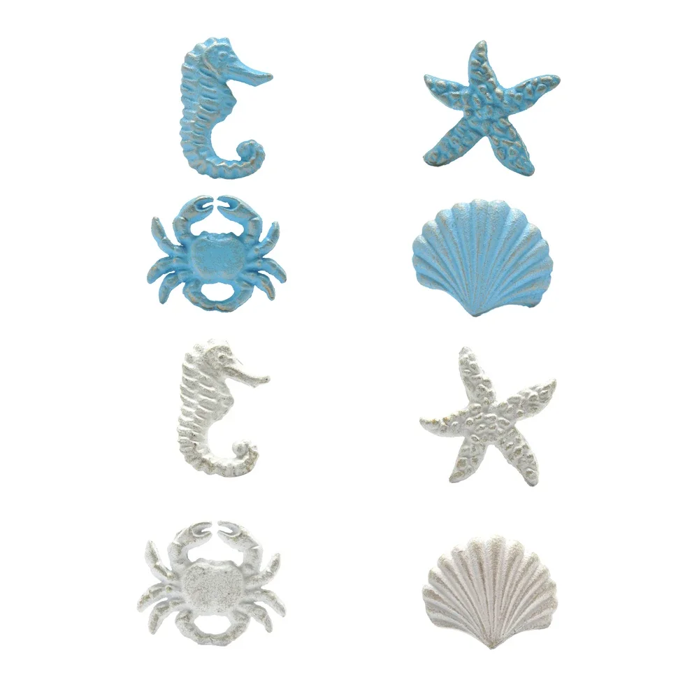 4pcs/set Mediterranean Blue/White Iron Knob Sea Horse/Crab/Shell/Starfish Handle Hook Drawer/Cabinet Pull Home Decor Furniture