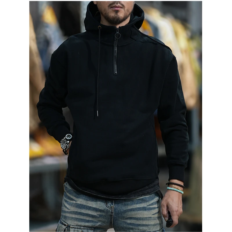 Hipster Autumn-winter heavy American retro hoodie men\'s hooded zipper thick loose pullover jacket