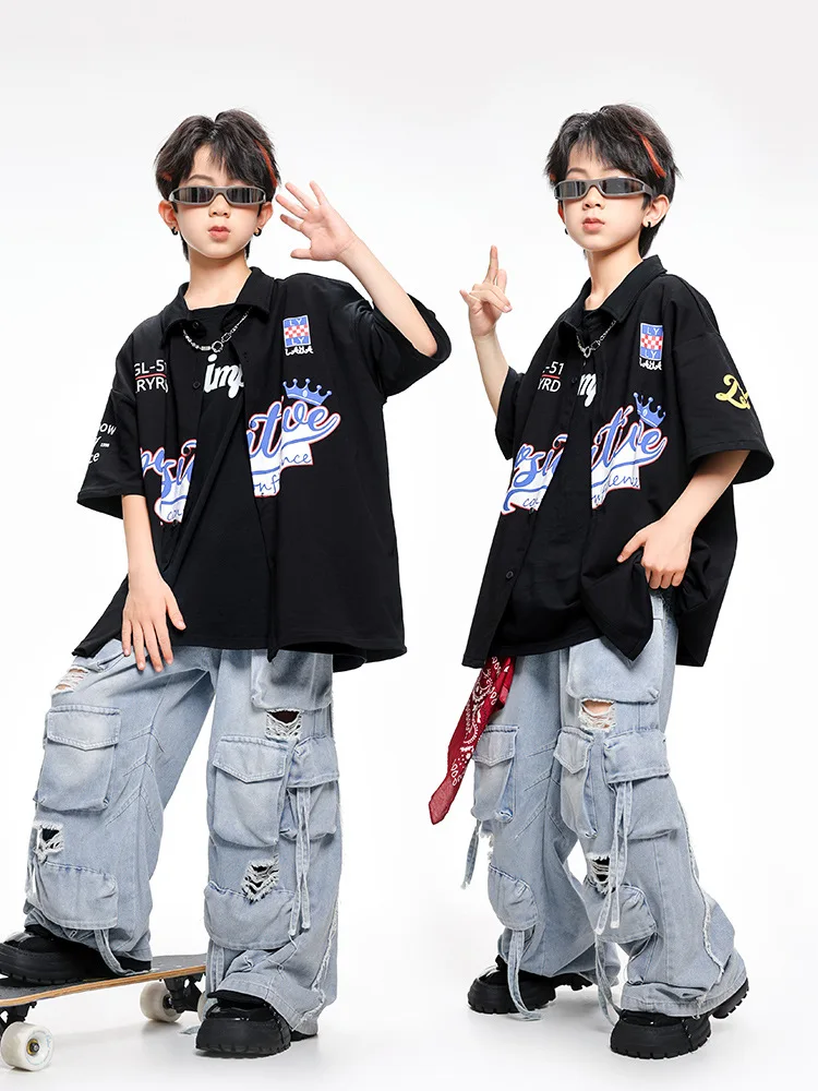 Kid Hip Hop Clothing Black Baseball Shirt Top Denim Blue Casual Distressed Cargo Jeans Pants for Girl Boy Dance Costumes Clothes