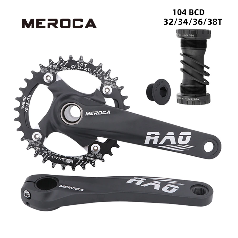 MEROCA Mountain Bike Crankset 104bcd Single Chain Ring 32T 34T 36T 38T Aluminum Alloy Black Bicycle Hollow Crank 170mm