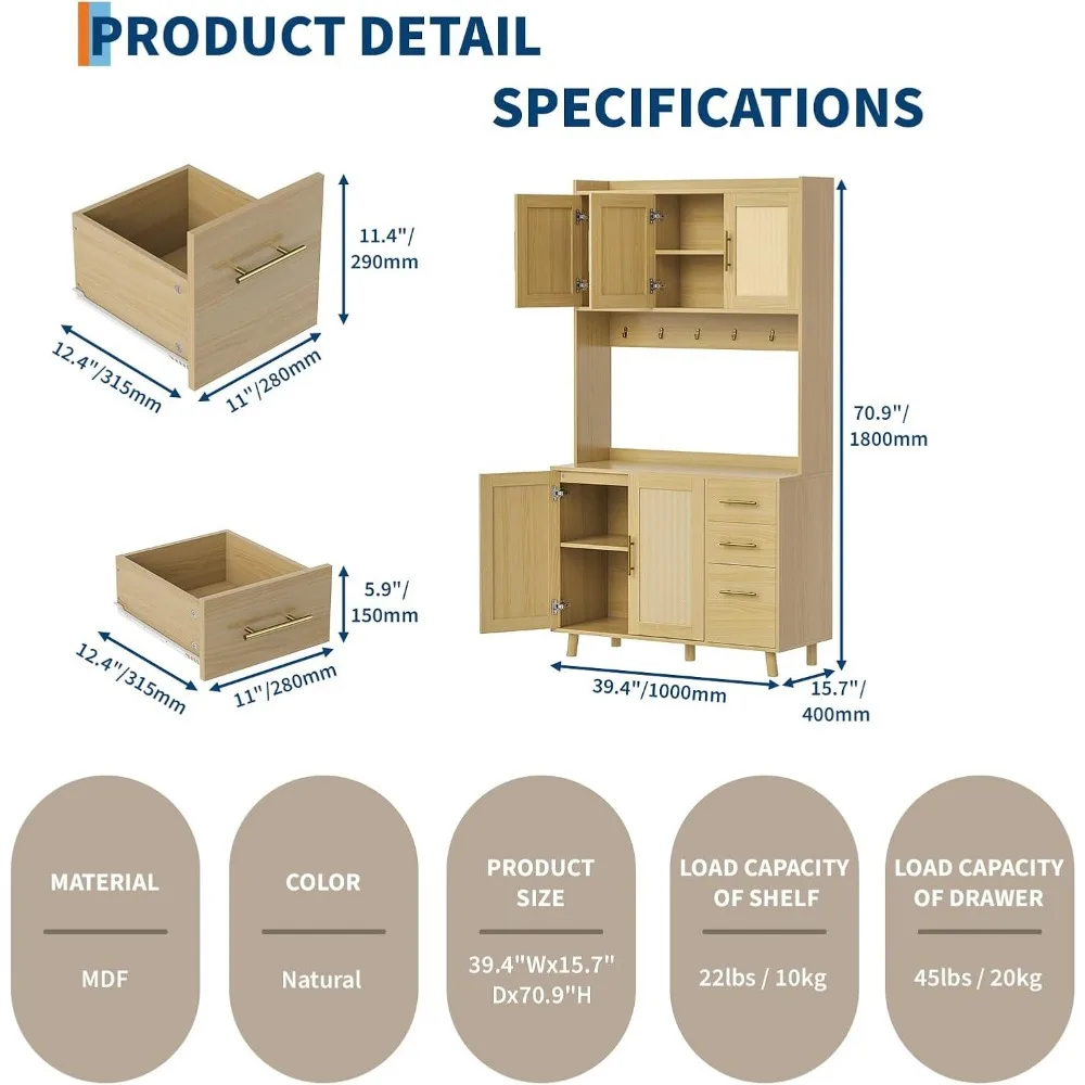 Armário de despensa de vime, despensa de cozinha de 71 pol. com suporte para micro-ondas, gaiola independente com gavetas, portas e ganchos, Boho