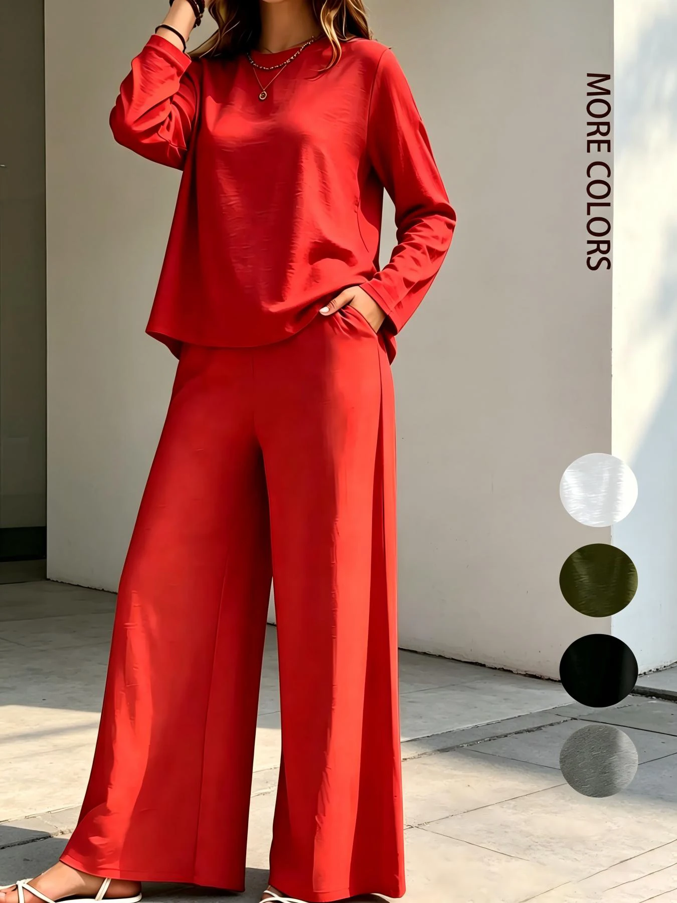 2026 Spring/Summer New Women's Round Neck Long Sleeve High Waist Wide Leg Pants Versatile Solid Color Fashion Casual Set