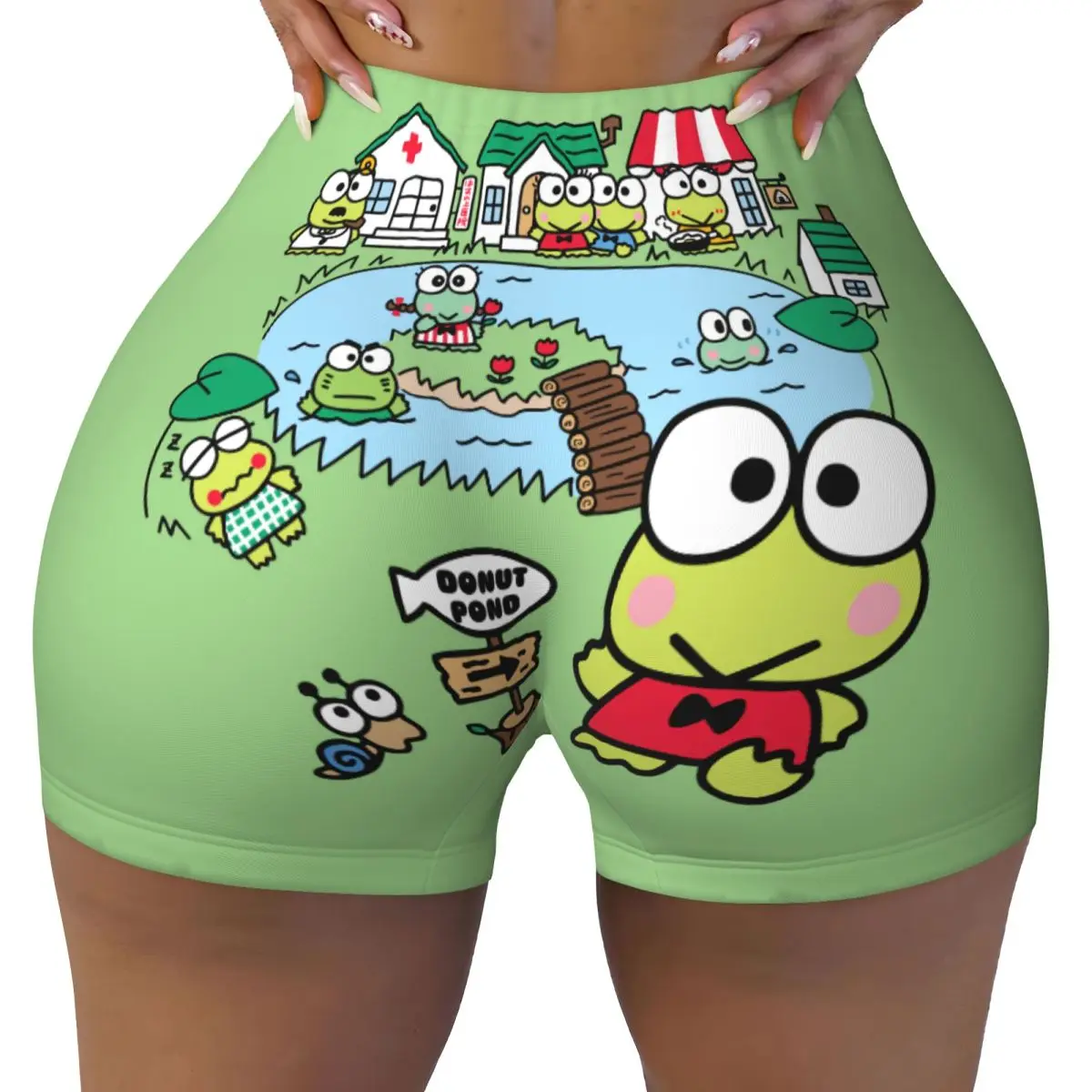 

Custom Keroppi Family Cute Cartoon Workout Shorts Women Big-eyed Frog Anime Gym Volleyball Running Yoga Shorts