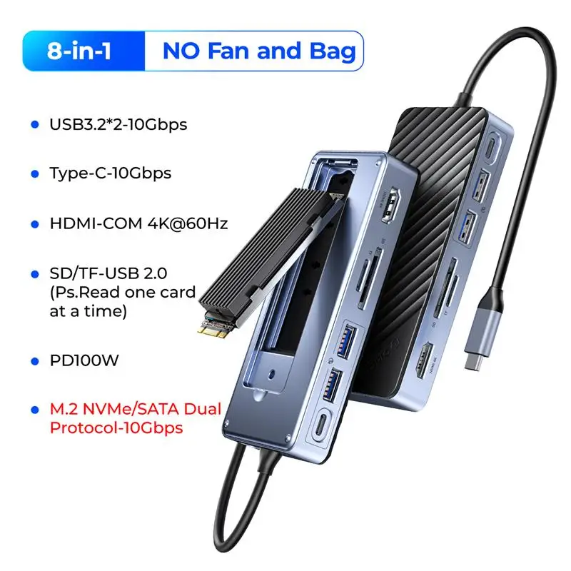 To USB C HUB with SSD Enclosure Laptop Docking Station with 4K 60Hz HDMI-Com 100W PD RJ45 SD/TF 10Gbps M.2 NVME SATA SSD 8TB