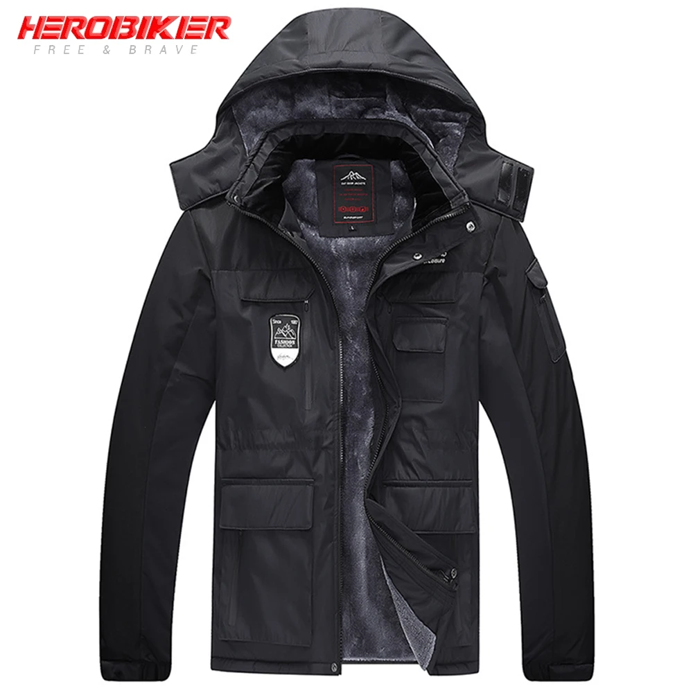 

HEROBIKER Winter Skiing Jacket Man Cold Protection Windproof Motorcycle Jacket Rainproof Fleece Cotton Chaqueta Hooded Jaqueta