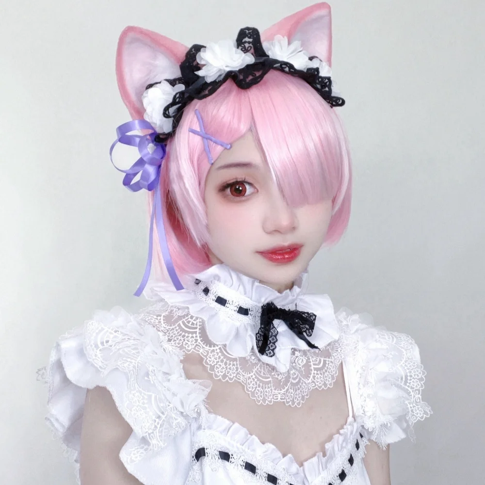 New Different World Rem Cosplay Prop Pink Blue Cat Ears Hairhoop Headwear Beast  From Zero Costume Accessories Hand Made Work