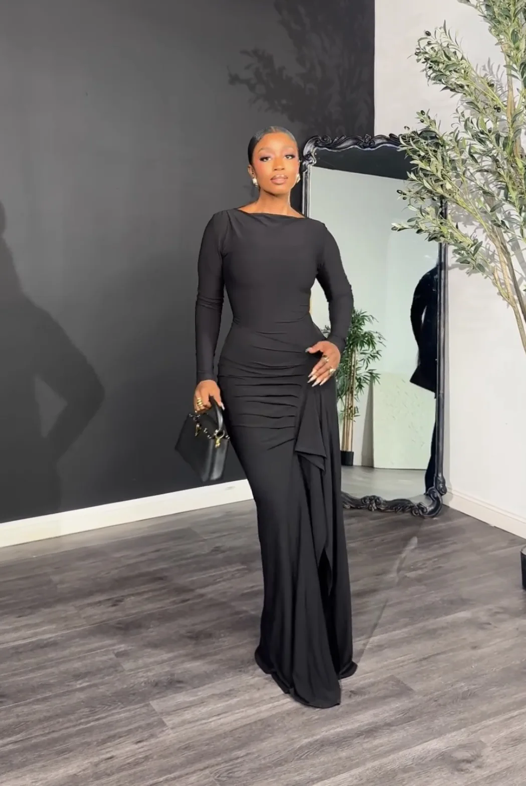 

STYLISH LADY Ruched Waist Slit Dress 2026 Summer Women Long Sleeve Maxi Bodycon Evening Gown Black Elegant Party Dress