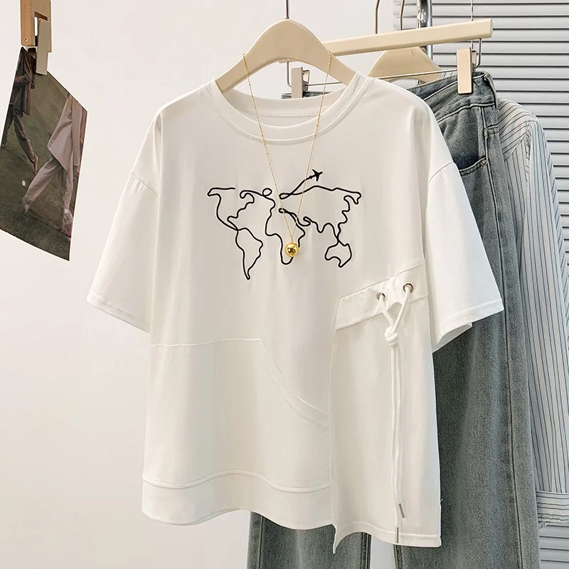 

White Asymmetrical Drawstring Short Sleeve T-Shirt Women Summer Loose Slimming Casual Style Cotton Blend Breathable