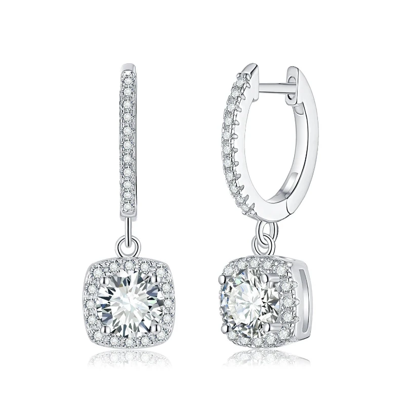 HTOTOH S925 Silver 1.0 Carat Moissanite D Color Earrings Classic Cushion Cut Simple Women Engagement Drop Earrings