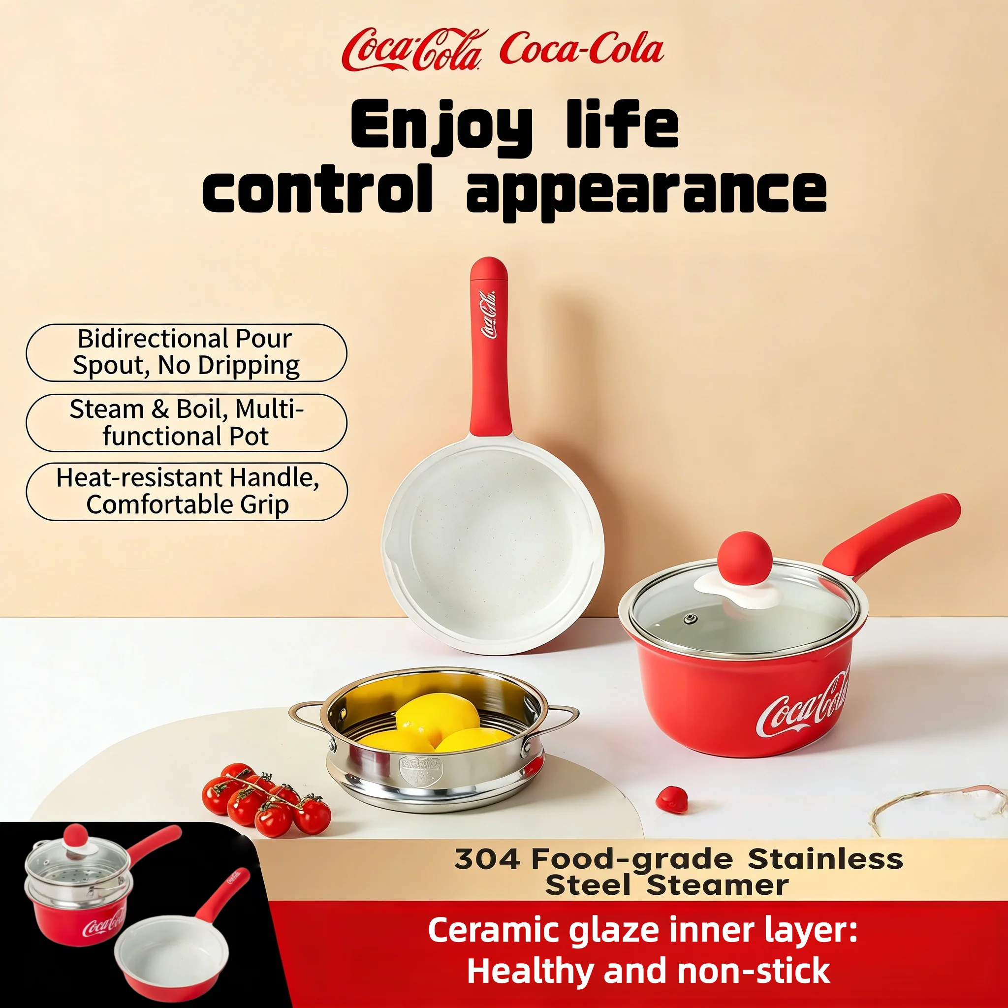 

Coca Cola 3Pcs/set Cookware set Non Stick Ceramics Coated Pan with Home Stainless steel steamer pan Cooker Soup Pot Kitchenware