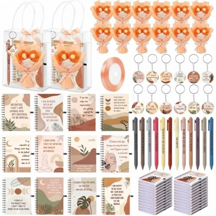 

12 Set/60 Pcs Positive Affirmation Gifts for Women Inspirational Spiral Notebooks Journals Motivational Pens Crochet Flowers Bo