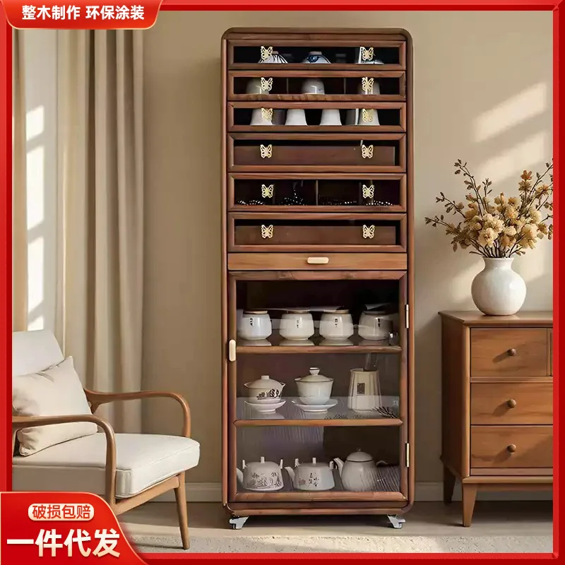 Black Walnut Solid Wood Side  Floor-to-ceiling Wenwan Jewelry Locker with Wheels Tea Set Storage  Storage Tea Cabi