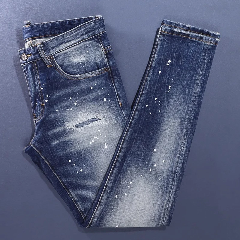 Y2k New High Quality Men's Jeans, Wrinkled, Washed, Nostalgic, Elastic, Slimming, Blue Jeans, Hip Hop Brand Pants, Hombre