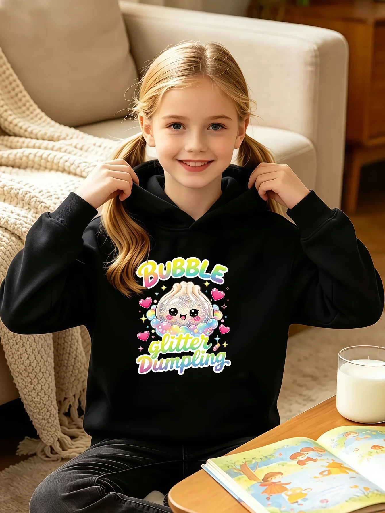 Kids Girls Cute Dumpling Graphic Hoodie Black Printed Kawaii Sweatshirt School Clothes Birthday Present Autumn Winter Tops