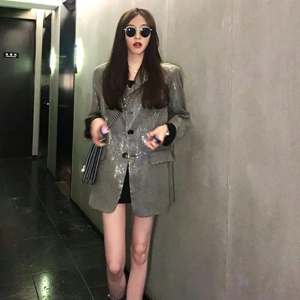 

Spring New Style Solid Sequin Embroidery Notched Single-breasted Full Sequin Jacket Women Blazers Coat 2022