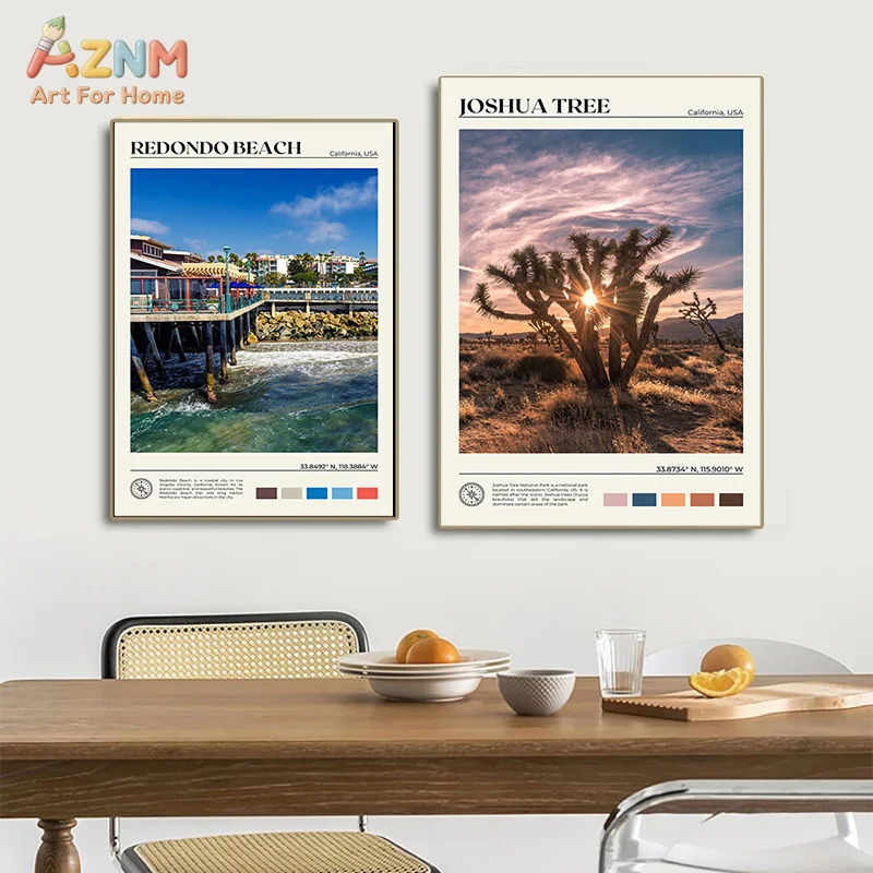 AZNM Frameless Canvas Poster California USA Travel Print, Los Angeles San Francisco Big Sur Yosemite Coastal Scenery Vintage Tou