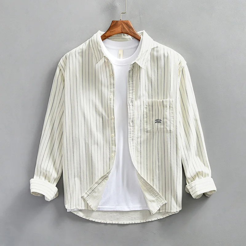 2024 new cotton men's work clothes shirt spring and autumn long-sleeved retro striped loose shirt youth G919 casual men's tops