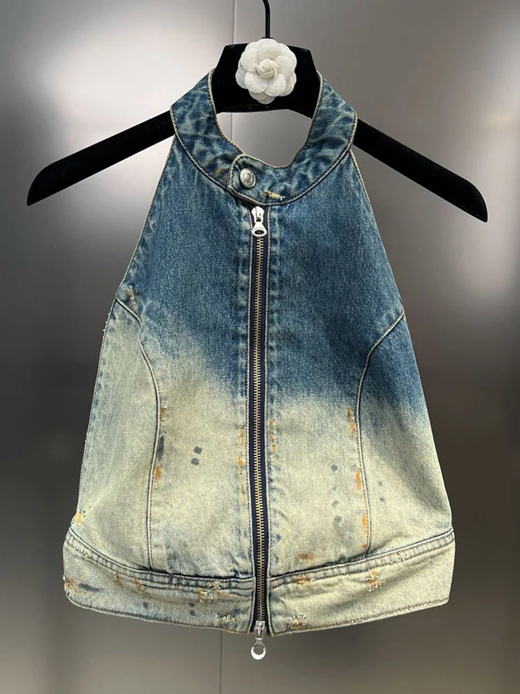 ROMISS Hit Color Patchwork Zipper Backless Denim Tank Tops For Women Halter Sleeveless Spliced Button Sexy Streetwear Vests