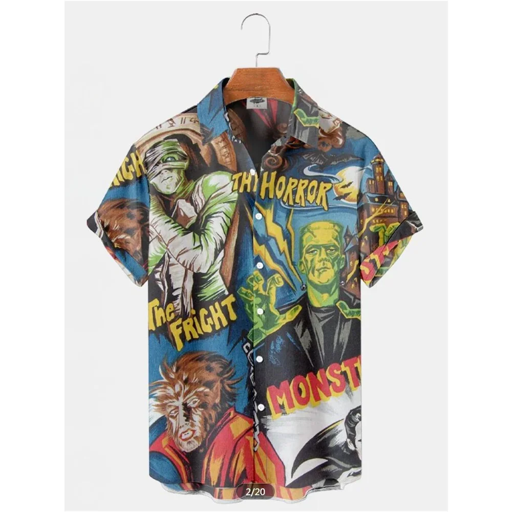 Camisa con estampado de personaje de película retro para hombre, traje informal de verano para Halloween, top de manga corta 3D, camisa hawaiana, 2024