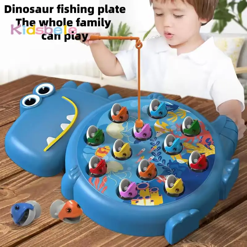 Dinosaur Rotating Fish Catching Board Game Kids Magnetic Fishing Game Toy for Family Party and Early Learning