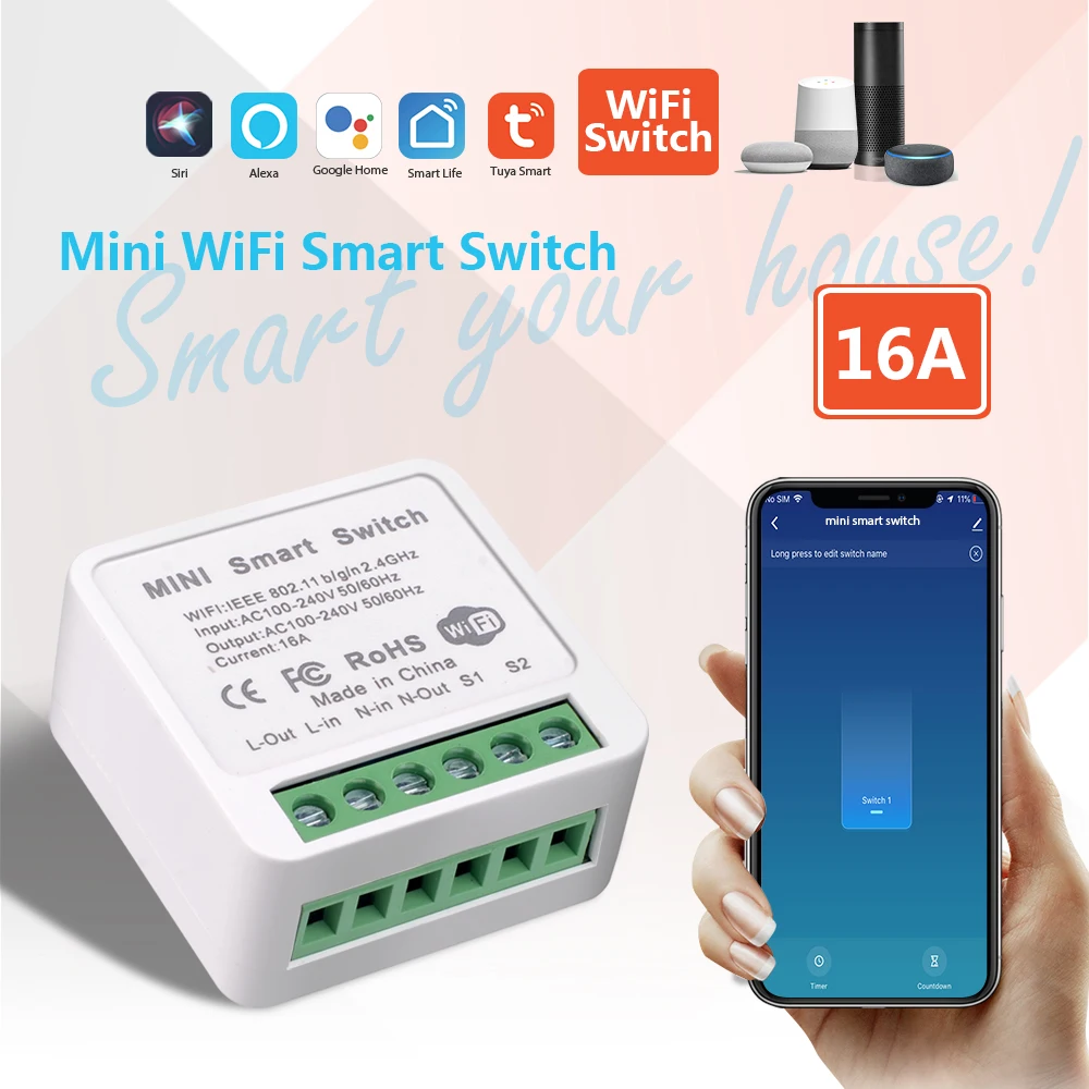 Tuya Wifi16A Mini Switch 2-way Control Switches WiFi Dual-mode Smart Breaker Works With Alexa Google Home Support Smart Life APP