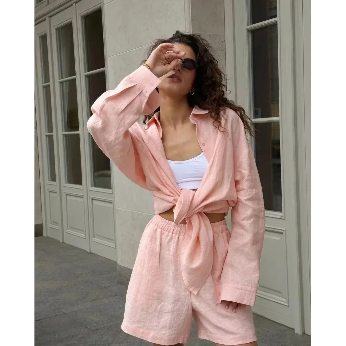 Spring Summer Women Pants Sets 2026 New Europe And America Loose Long Sleeve Cotton Cardigan Blouses Pants 2-piece Suits