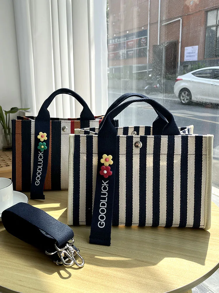 

Trendy Stripe Canvas Tote Bag Large Capaci A4 File Waterproof Women's Crossbody Bag Soft Handle Casual Leisure Zipper Closure