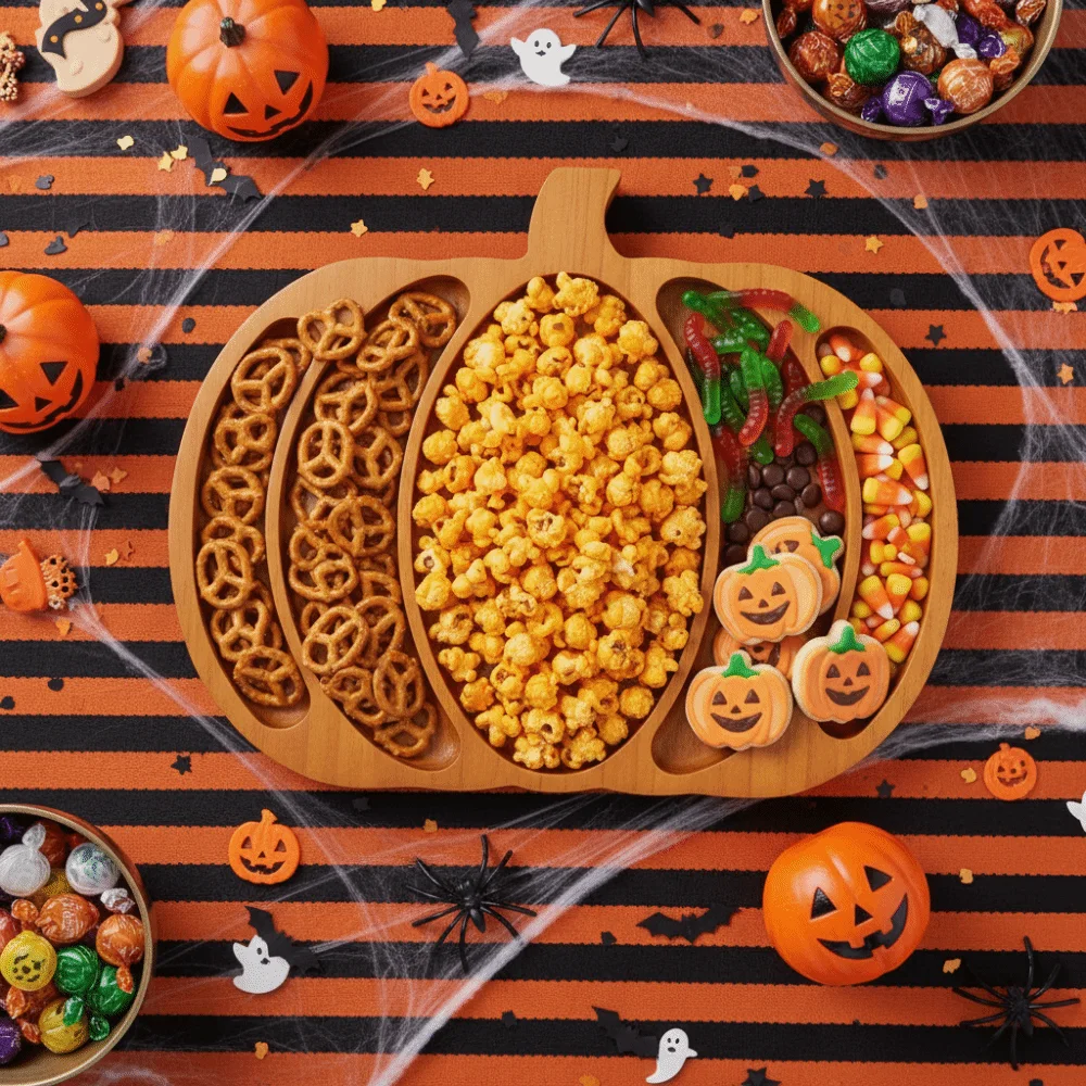 Wooden Halloween Pumpkin Snack Tray with Compartment Sturdy Nut Platter Drop-resistant 5 Grid Charcuterie Board Living Room