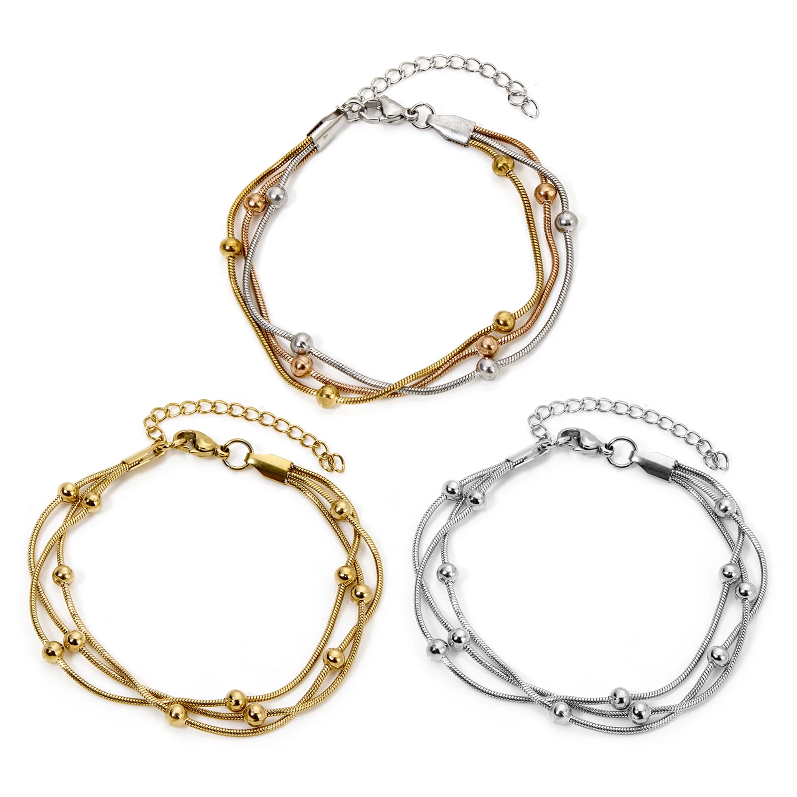 304 Stainless Steel Snake Chain Multilayer Layered Bracelet With Lobster Claw Clasp And Extender Chain Women Jewelry 17cm Long