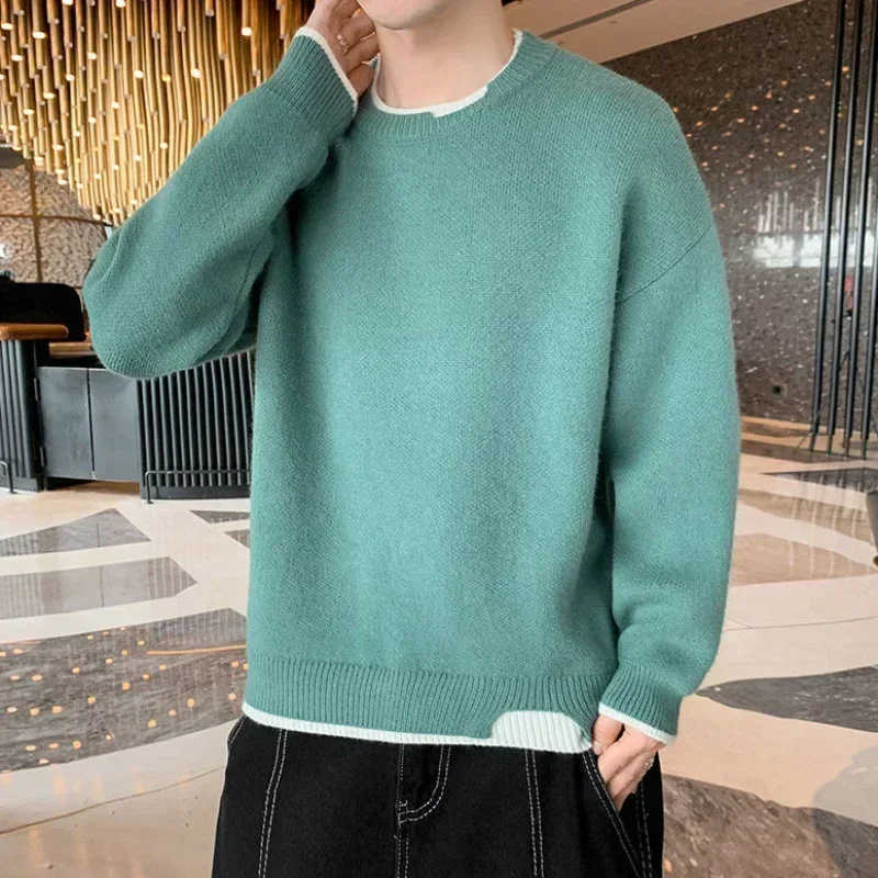 Knit Sweater Male Pullovers Round Collar Men\'s Clothing Crewneck Pink No Hoodie Spliced Warm Classic Knitwears Maletry Cotton X