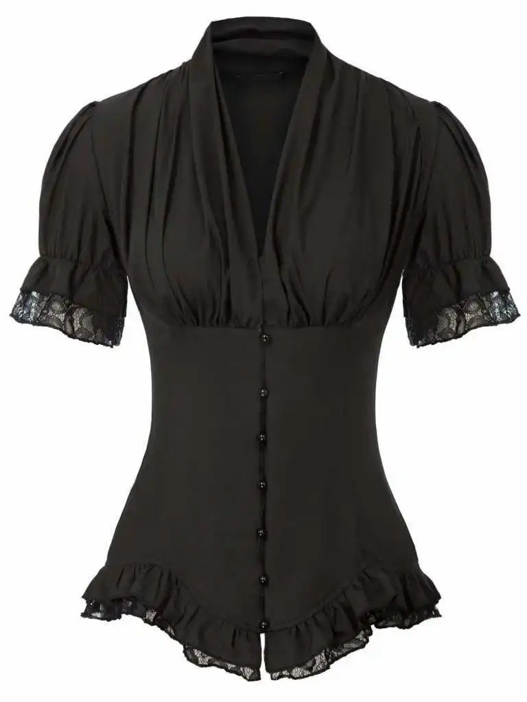 

Women's Retro Gothic Corset Top Shirt Blouse Party Club Best Straight Cut Knot Cold Proof Thin Cotton Short Sleeve