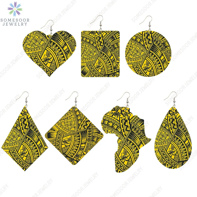 SOMESOOR Polynesian Samoan Art Print Wooden Drop Earrings Set For Women African Ethnic Fabric Hawaii Tattoo Design Dangle 7Pairs