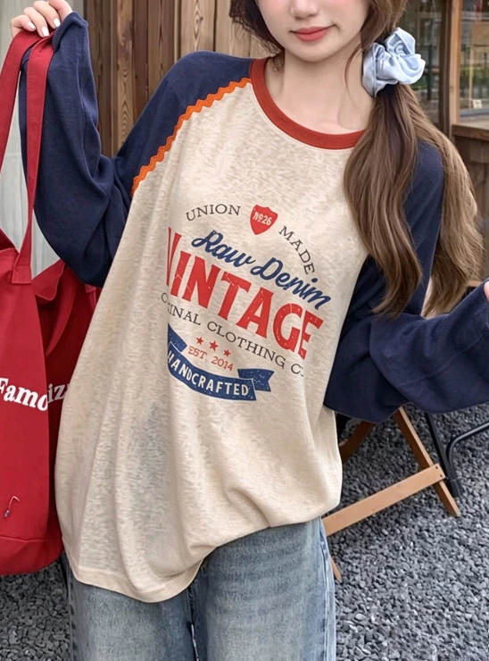 Women's Y2K street style long sleeved shirt Korean minimalist Harajuku style contrasting letter print casual long sleeved