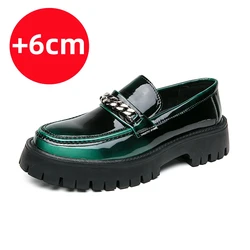 Men British Style Patent Leather Business Loafers Men Platform Casual Shoes Chain Design Men Oxfords Green Streetwear Footwear