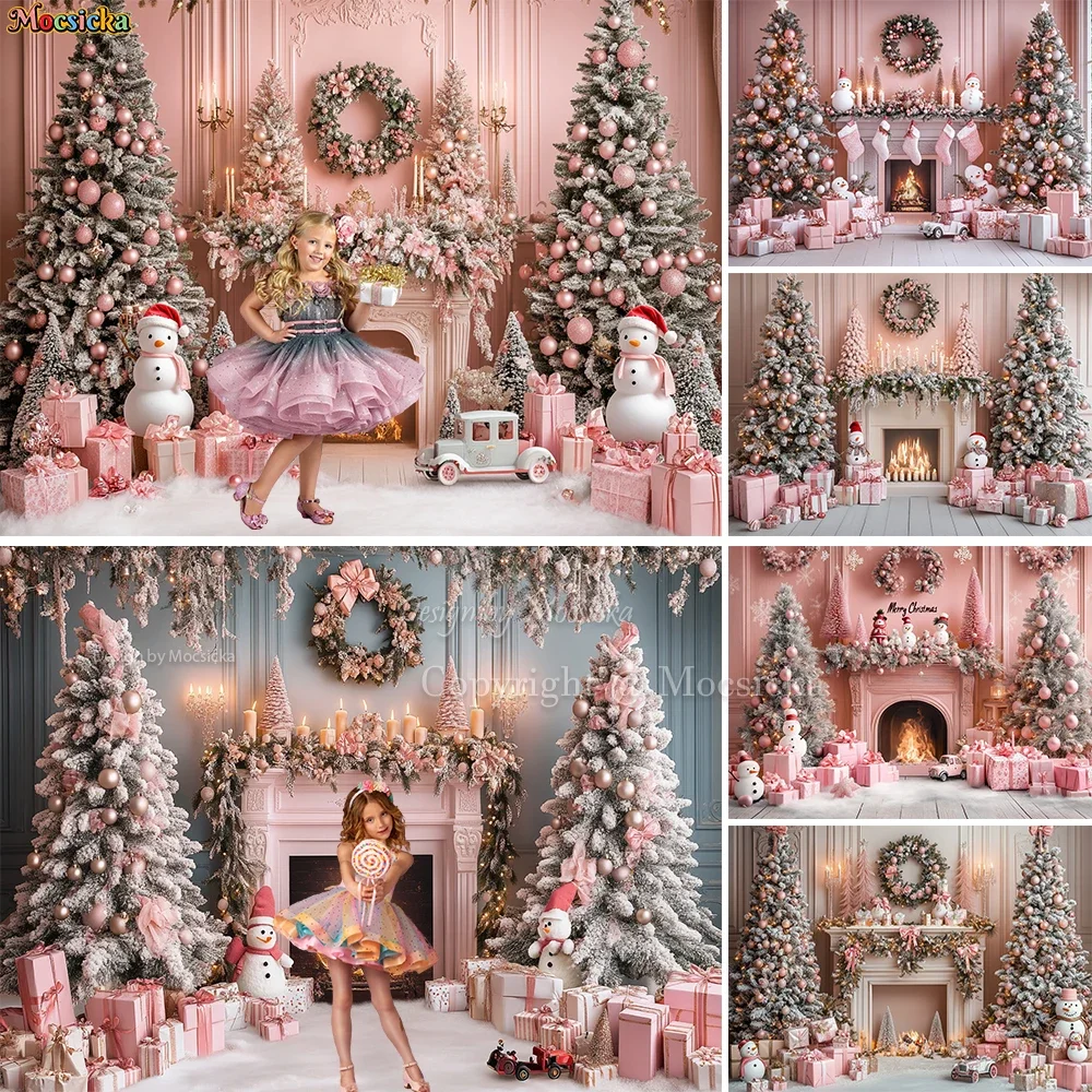 

Christmas Pink Fireplace Background Photography for Girls Birthday Xmas Tree Snowman Gift Room Backdrop Booth Kids Photo Studio