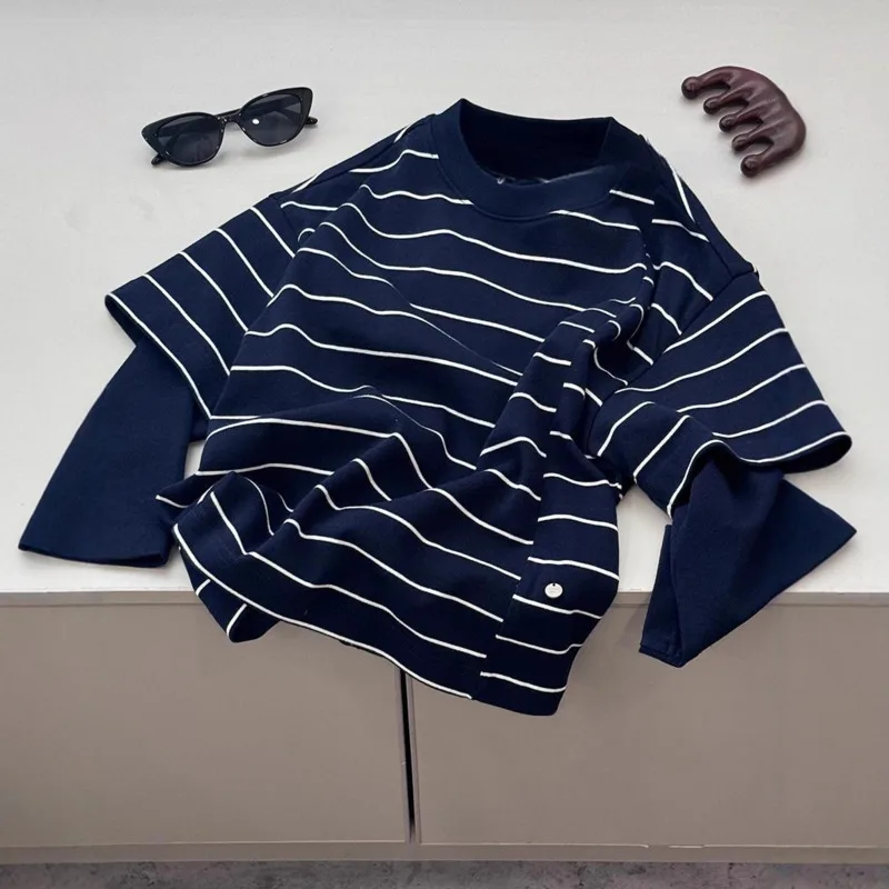 2026 All Season Boy Girl Fake 2Piece Patchwork Long Sleeve T-Shirt Children Stripe Top Big Kids Casual Sweatshirt 3-12 Years