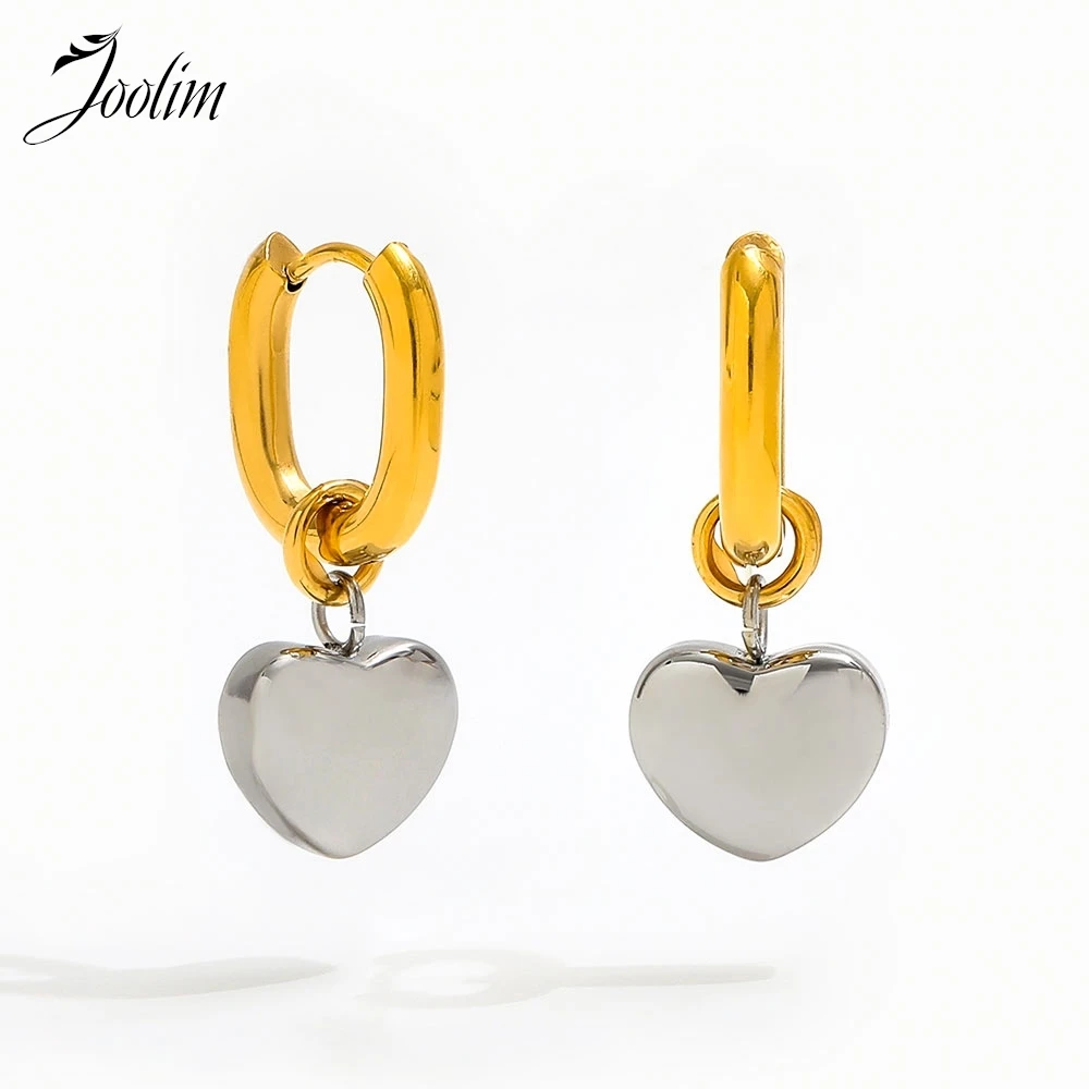 

Joolim Jewelry High Quality PVD Wholesale Fashion Two-tone Peach Heart Pendant Dangle Huggie Stainless Steel Earring for Women