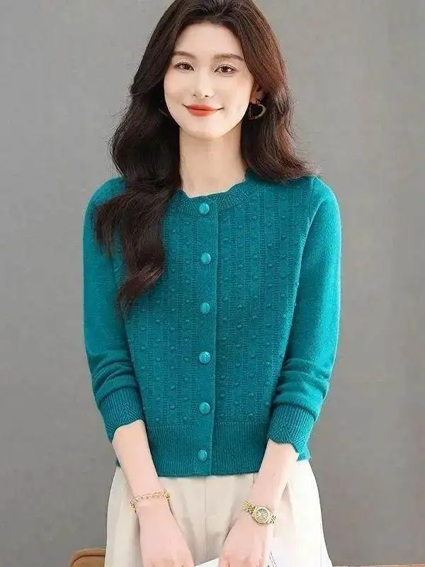 Spring Fashion Short Knitted Sweater Jacket Pure Color Women's Outerwear Cardigan Minimalist Style Long Sleeve round Neck