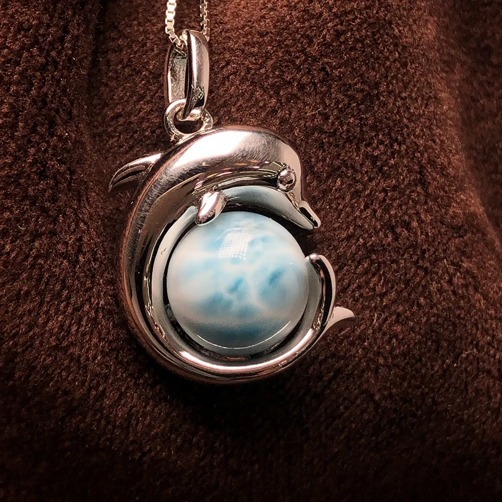 

Unique Larimar Pendant in 925 Sterling Silver – Handmade Dolphin Shape Necklace Gift for Her