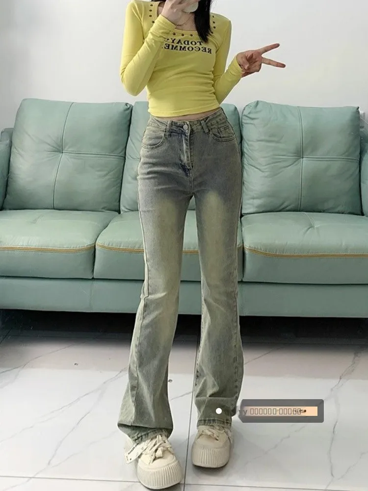 

Американские ретро джинсы-колокольчики, женские зимние новые утягивающие джинсы-колокольчики с высокой талией, винтажные цветные джинсы-колокольчики с высокой талией