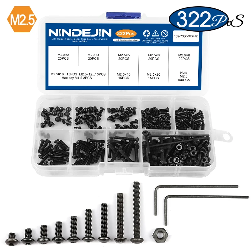 NINDEJIN Sechskant-Innensechskant-Halbrundkopfschraube, Mutter aus Kohlenstoffstahl, M2, M2,5, M3, M4, M5, M6, Inbus-Rundkopfschrauben-Set, Bolzen und Muttern-Set