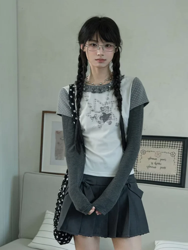 Korean Fashion Pattern Round Neck Long Sleeved T-shirt Classic Three-dimensional Bow Pleated Half Skirt Casual 2-piece Set