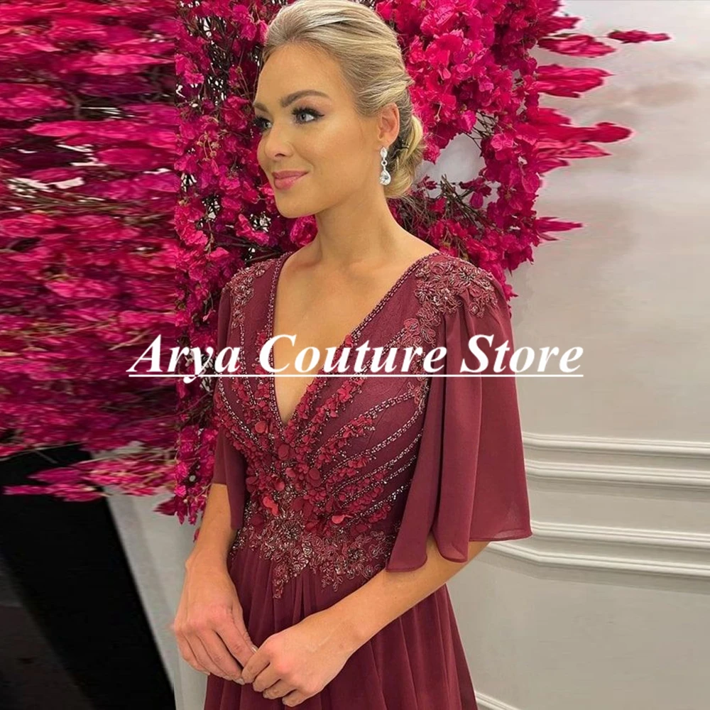 Gaun Prom Coklat Elegan Gaun Pesta A-Line Payet Applique Lengan Topi Sifon Kerah V Panjang Selantai Jubah Gaun Malam Formal