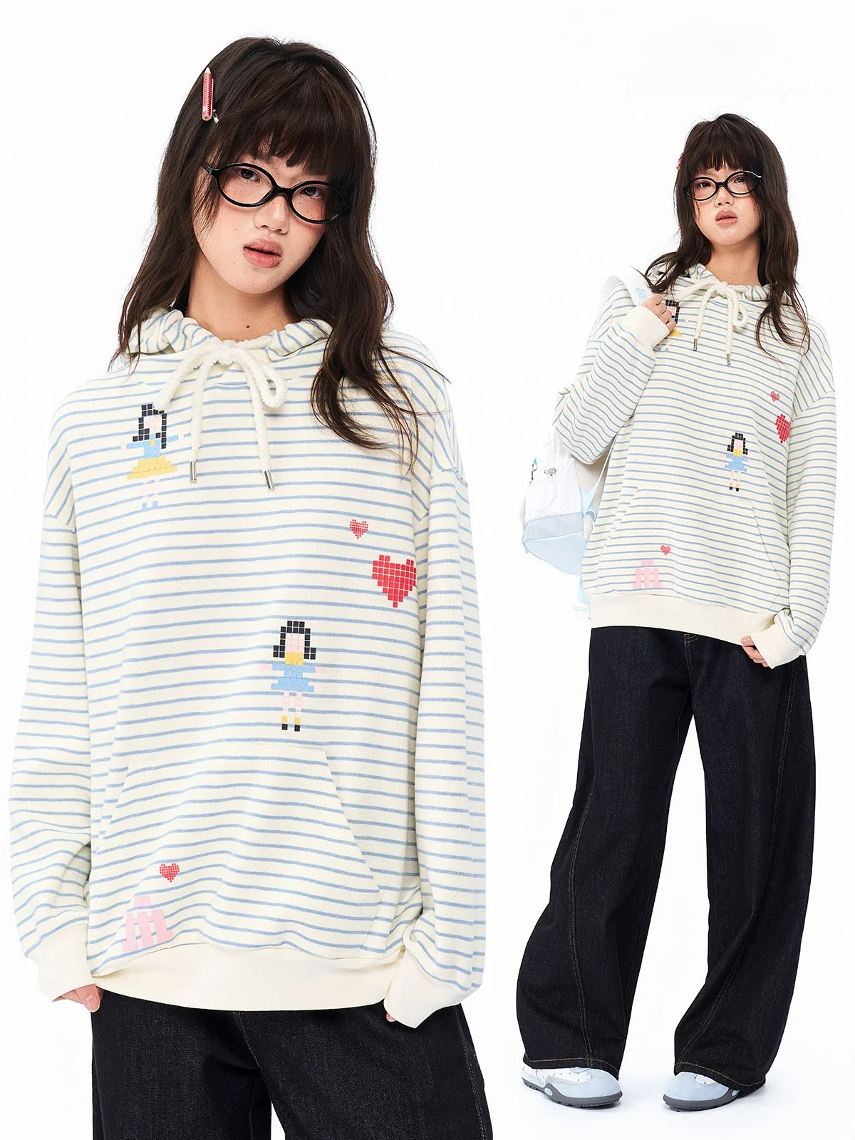 

Spring 2026 Loose Fit Stripe Hoodie Student Friendly Versatile Sweatshirt Polyester Cotton Blend Long Sleeve Printed Hoodie